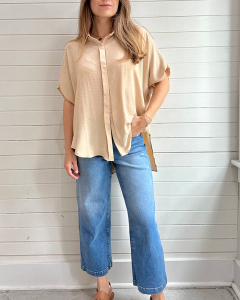Bucketlist Dolman Sleeve Button down Shirt- Sand
