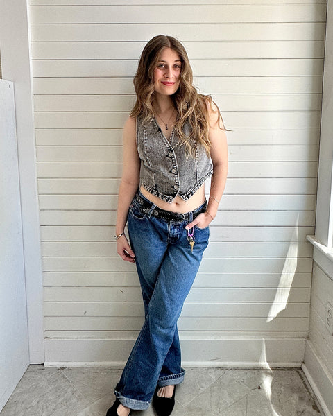Cropped Button Front Denim Vest