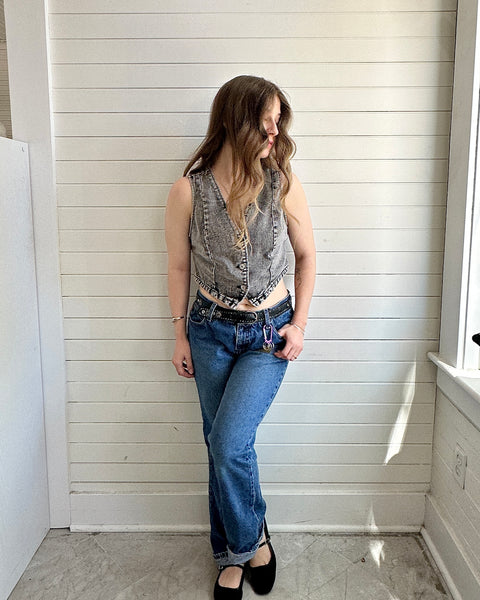 Cropped Button Front Denim Vest