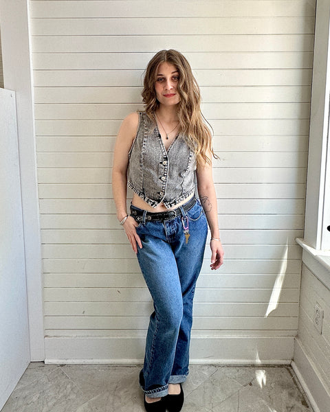 Cropped Button Front Denim Vest