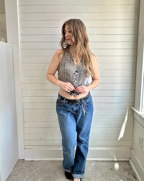 Cropped Button Front Denim Vest