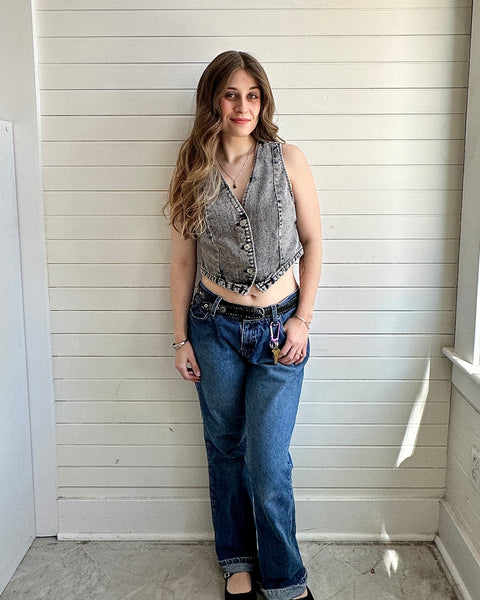 Cropped Button Front Denim Vest
