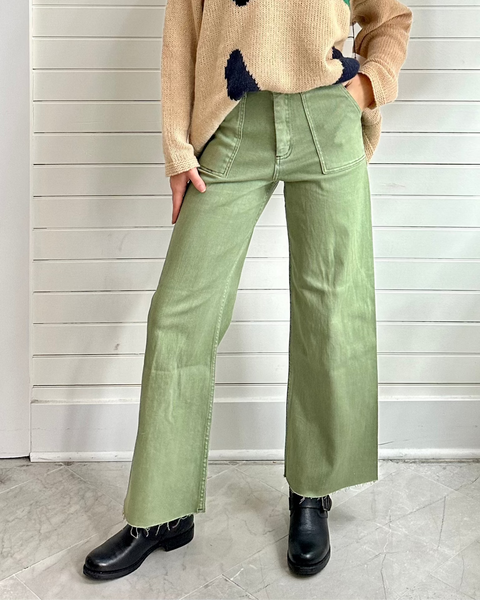 Straight Wide Leg cotton Pants-Green