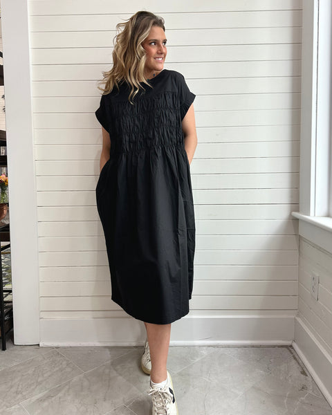 Shirred Cotton Poplin Dress- BLACK