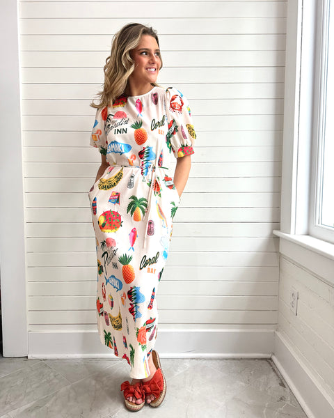 Resort-Style Print Puff Sleeve Slit Dress