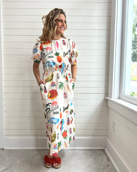 Resort-Style Print Puff Sleeve Slit Dress