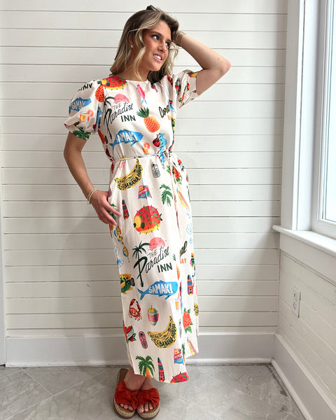 Resort-Style Print Puff Sleeve Slit Dress