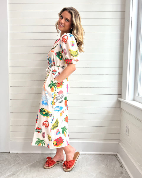 Resort-Style Print Puff Sleeve Slit Dress