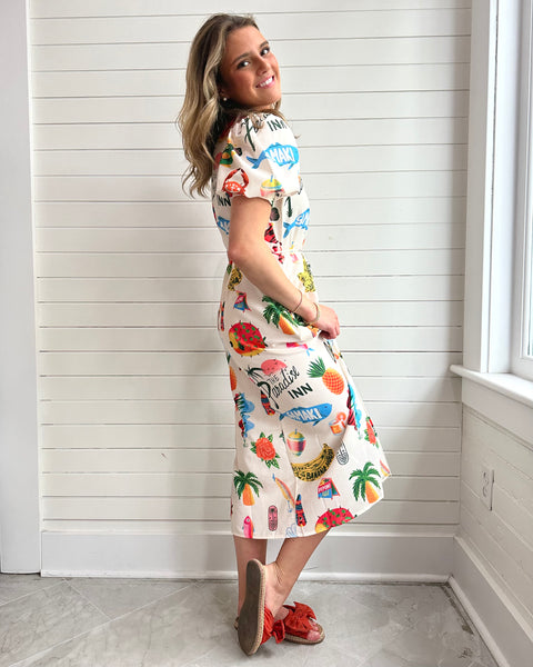 Resort-Style Print Puff Sleeve Slit Dress