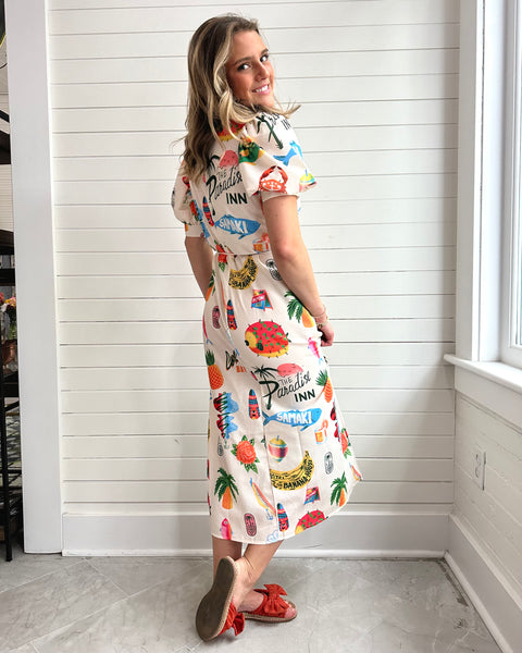 Resort-Style Print Puff Sleeve Slit Dress