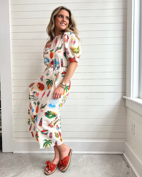 Resort-Style Print Puff Sleeve Slit Dress