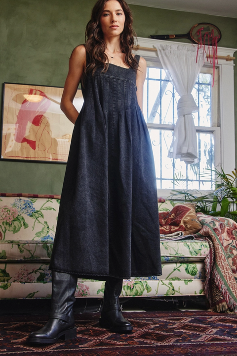 Square Neck Denim Midi Dress