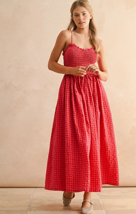 Cherry Gingham Print Midi Dress