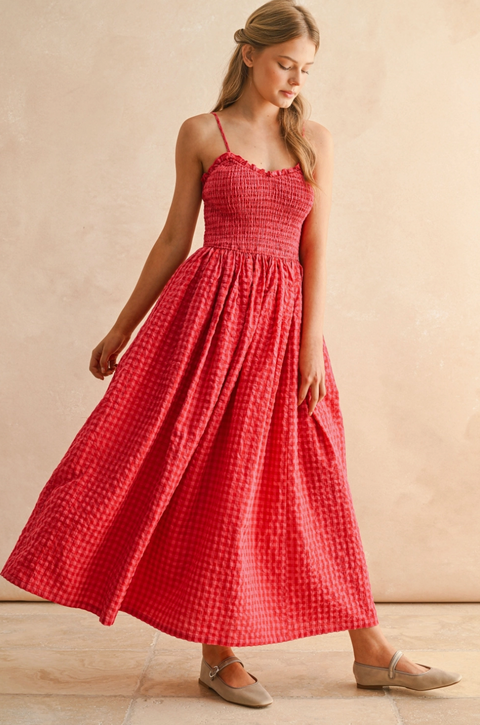 Cherry Gingham Print Midi Dress