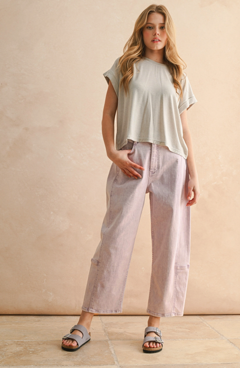 Washed Pink Barrel Pants with Elastic Waistband