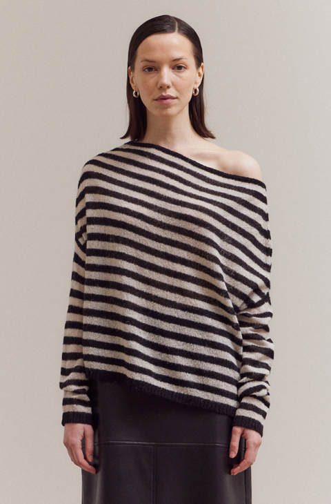 Off The Shoulder Striped Knit Lightweight Sweater