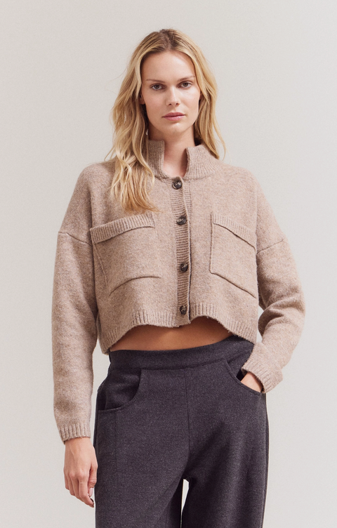 High Collar Cropped Knit Cardigan- Color Options