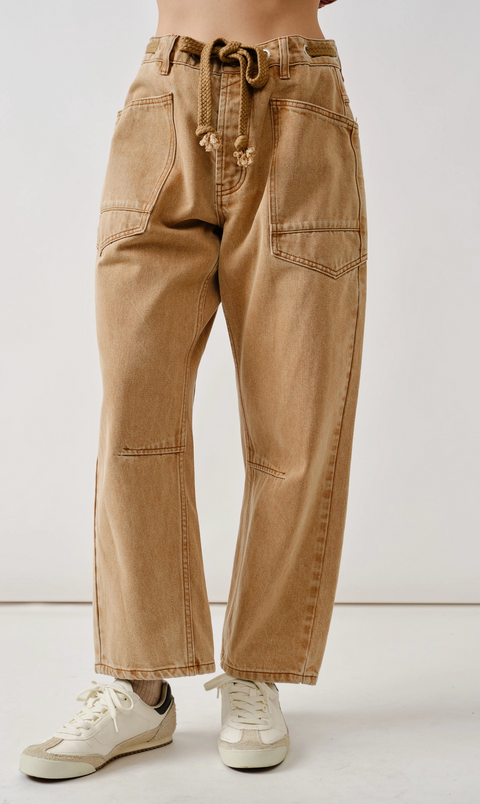 Barrel Pants with Eyelet Waist -BROWN