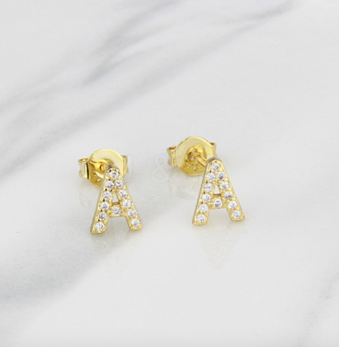 Cubic Zirconia Alphabet Stud Earrings- Gold