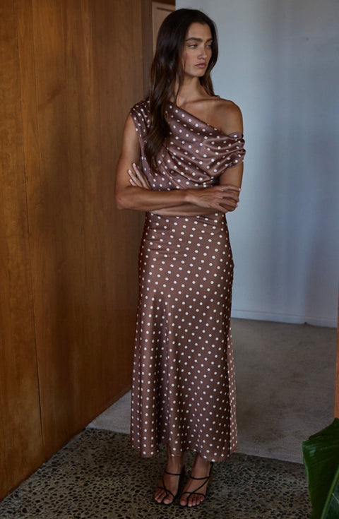 Satin Polka Dot Cowl Neck Maxi Dress