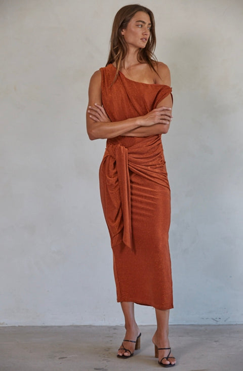 Bella One Shoulder Shimmer Midi Dress