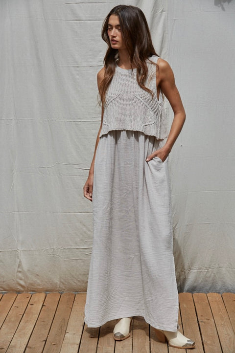 Knit Vest Overlay Sleeveless Midi Dress
