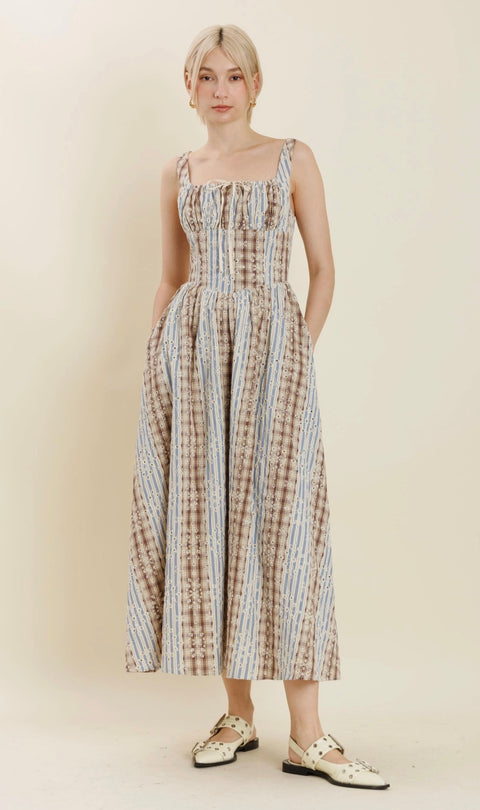 Square Neck Corset Embroidered Pattern Midi Dress