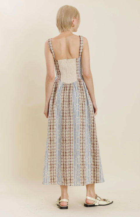 Square Neck Corset Embroidered Pattern Midi Dress