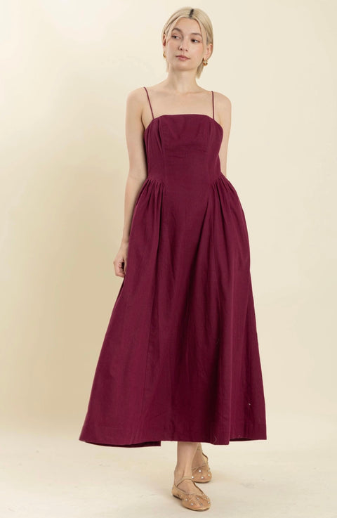 Boned Bodice Wine Midi Dress