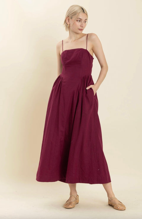 Boned Bodice Wine Midi Dress