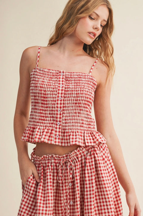 Gingham Pattern Button Front Smocking Top
