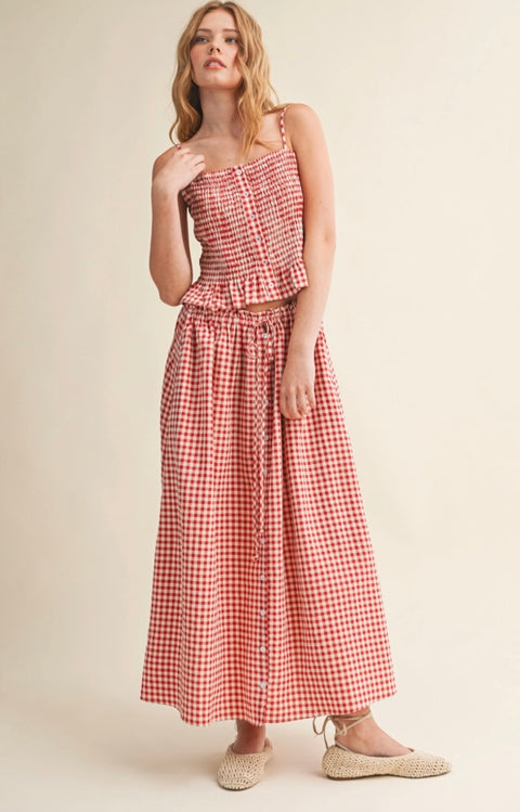 Gingham Pattern Button Front Long Skirt