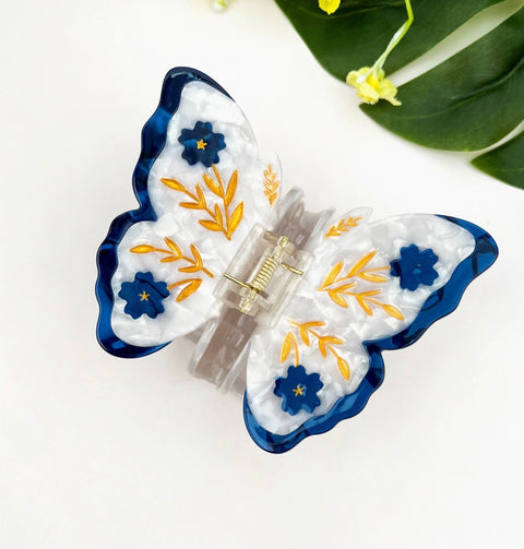 Blue and Gold Floral Butterfly Hair Claw Clip