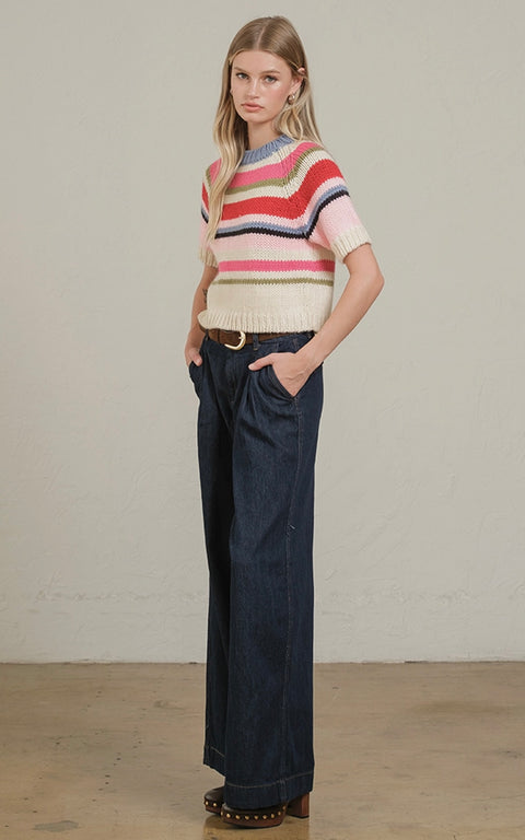 Chunky Knit Short Sleeve Striped Sweater
