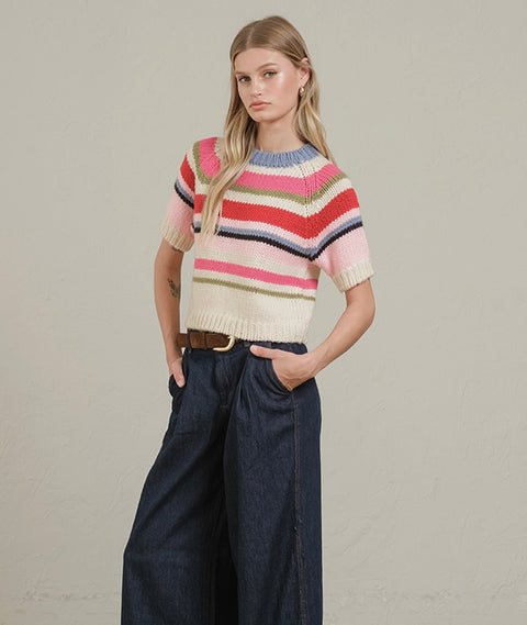 Chunky Knit Short Sleeve Striped Sweater