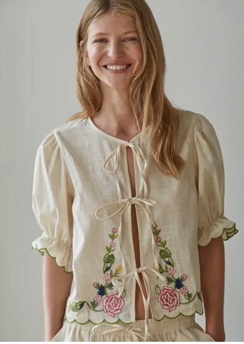 Woven Cotton Embroidered Open Tie Top