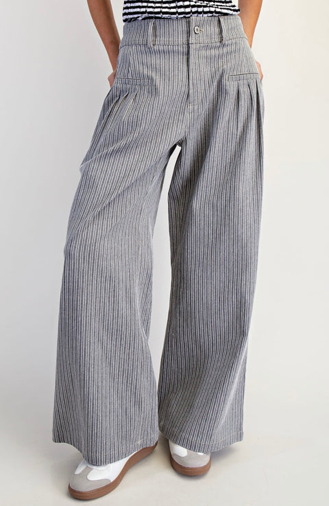 Pinstripe Wide-Leg Pants with Pleat Pockets