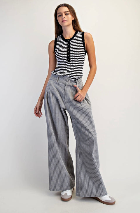Pinstripe Wide-Leg Pants with Pleat Pockets