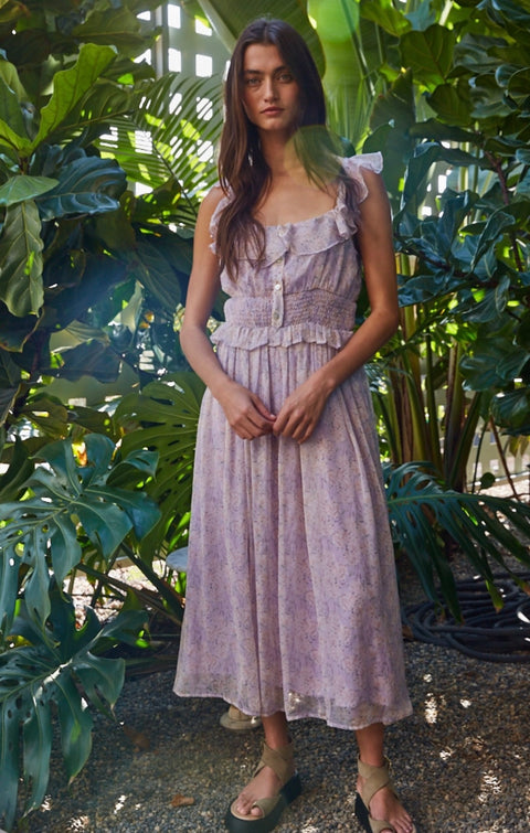 Chiffon Floral Print Smocked Lilac Dress