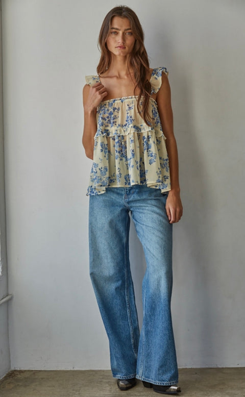 Chiffon Floral Print Ruffled Top