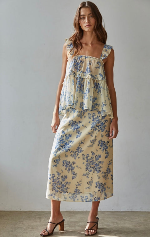 Chiffon Floral Print Midi Skirt