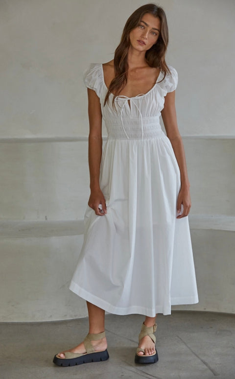 Woven Cotton Cap Sleeve Smocked Waist Midi Dress