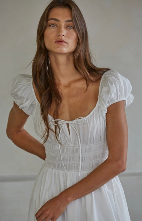 Woven Cotton Cap Sleeve Smocked Waist Midi Dress