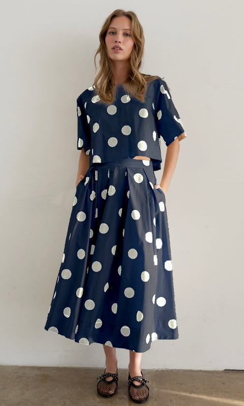 Polka Dot Pleated Midi Skirt- navy
