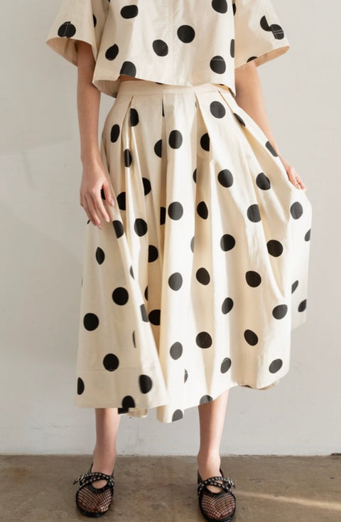 Polka Dot Pleated Midi Skirt- cream