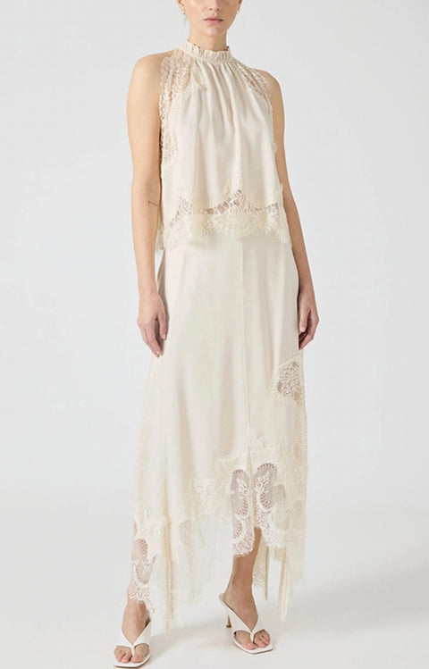 Lace Detail High Neck Blouse Top-White