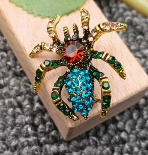 Teal Rhinestone Spider Brooch