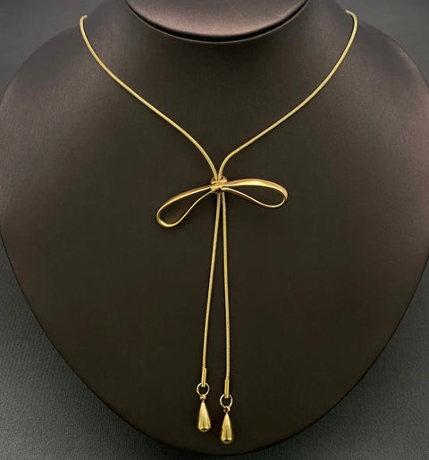 Gold Bow Long Lariat Necklace