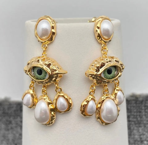Evil Eye & Pearl Charm Dangle Earrings
