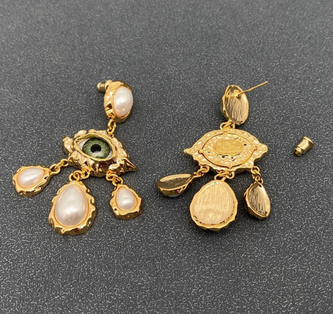 Evil Eye & Pearl Charm Dangle Earrings